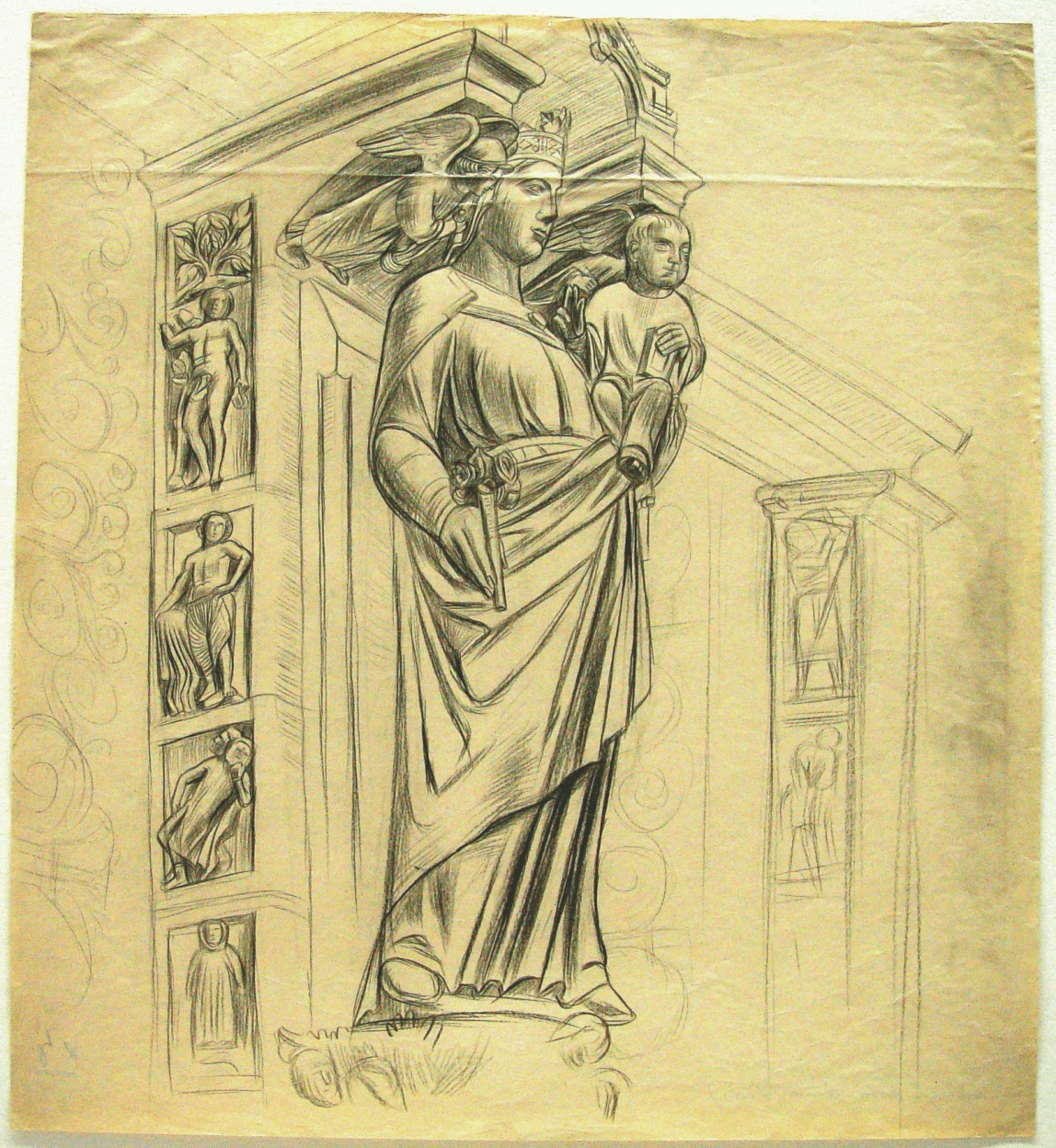 Karl Hubbuch, hinten von K. H. mit Scriptol betitelt. 15_Portal von Notre Dame -Paris-, ca. 1926, Bleistift, 47,5 x 43cm, Nachlassstempel